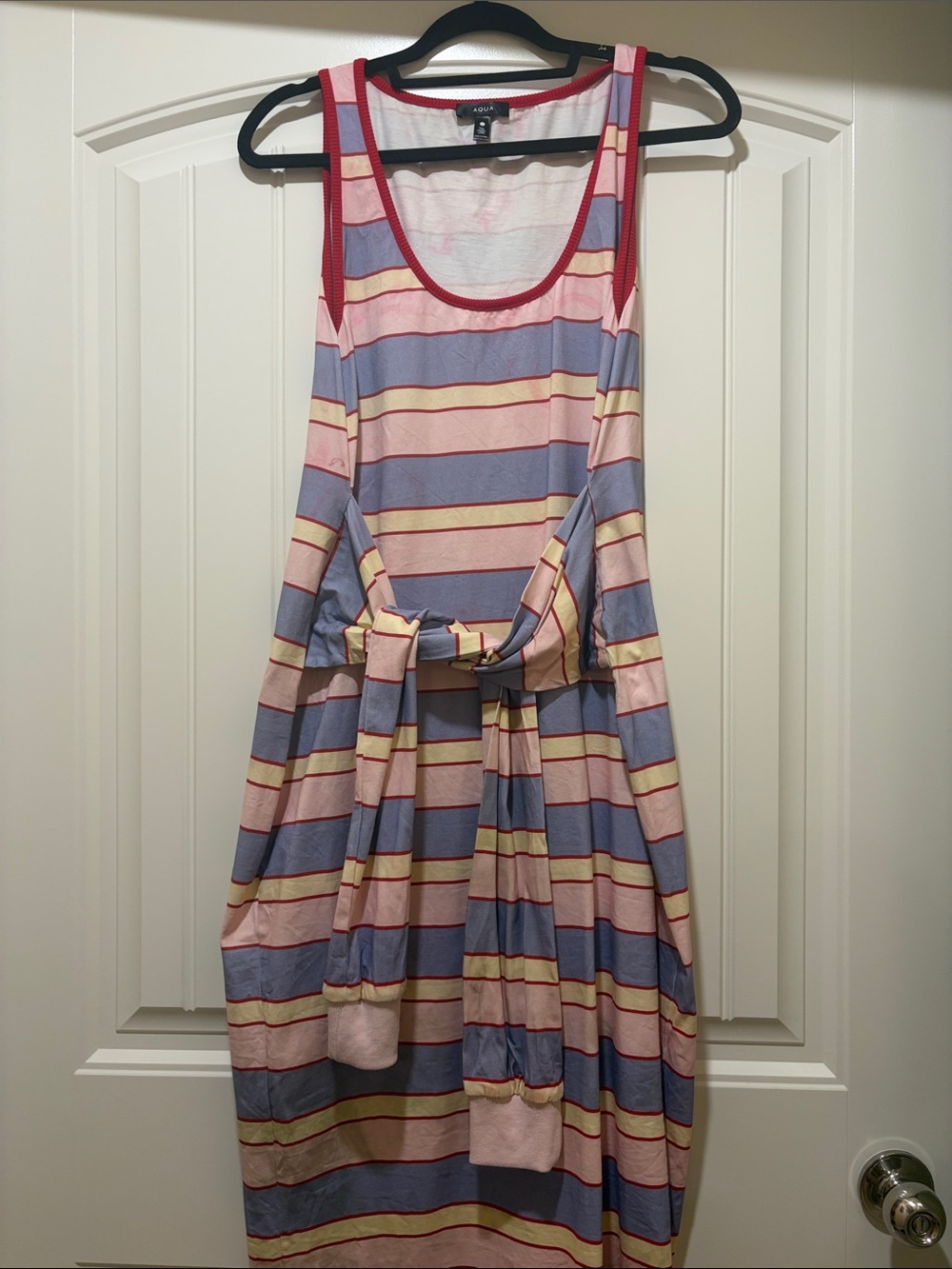 Aqua Striped Sleeveless Midi Dress in Pink, Blue & Yellow
